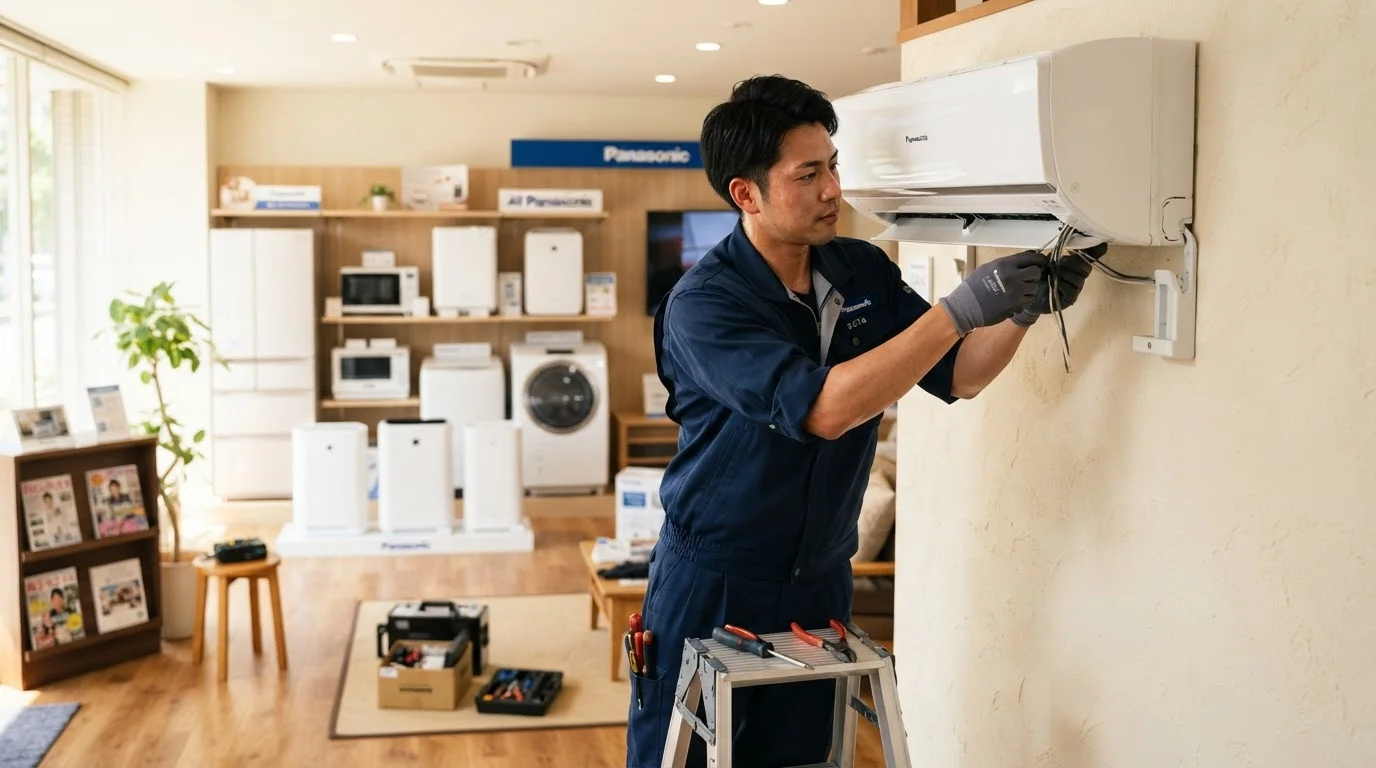 住宅の壁に設置された白いエアコンと、近くで作業準備をする設置スタッフの手元